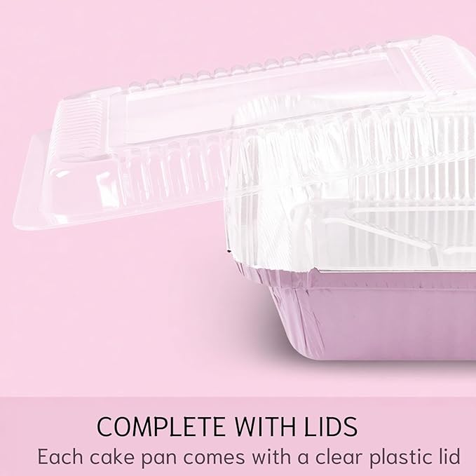 (40 Pack) 8x8 Square Aluminum Baking Cake Pans with Clear Lids - Pink Foil Pans with Lids - Disposable Food Containers Great for Cooking, Heating, Storing, Prepping Food