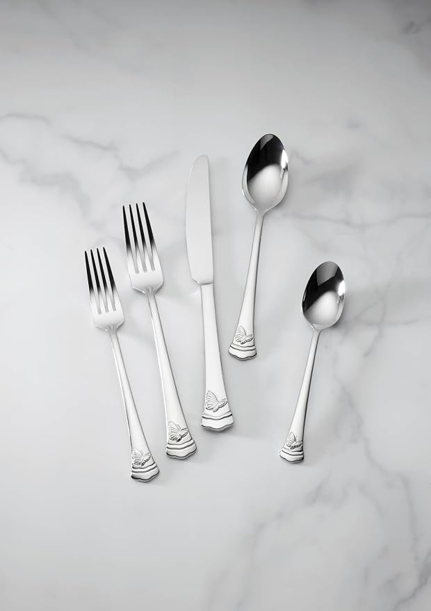 Lenox Butterfly Meadow II 65-Piece Silverware Set for 12, Flatware | mirror finish, dishwasher safe | includes serving spoons and utensil set | heavy duty, cutlery set for kitchen and dining