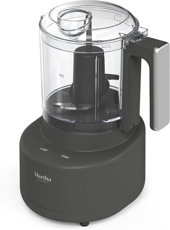 Martha Stewart 3 Cup Electric Vegetable Chopper & Mini Food Processor, Gray | 24oz BPA-Free Bowl, Stainless Steel Blades, Pour Spout, Dice, Puree, Mince, Chop Vegetables & Herbs, Dishwasher-Safe Parts