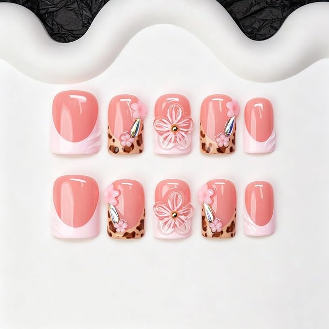 Flower Press on Nails Handmade 3D Pink Flower Designs Leopard Print French Tip Acrylic Nails Luxury Homemade Press on Nail Art Salon Quality Short Square Fake Nails for Women (M)