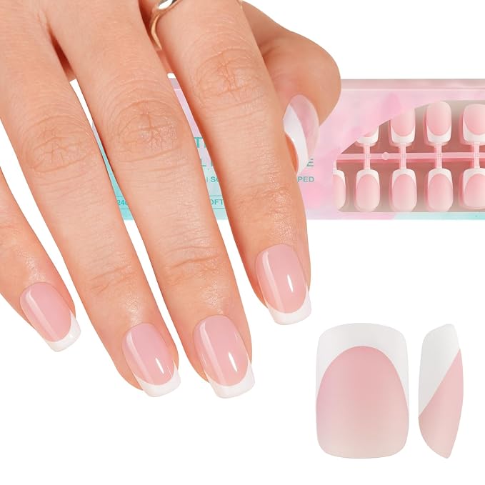 Misssix 150Pcs French Tip Press on Nails Short Square Pink Gel Fake Nails | No Need to File 3 in 1 Tips Pre-lasting, Fake Nails for Nail Art DIY 15 Sizes