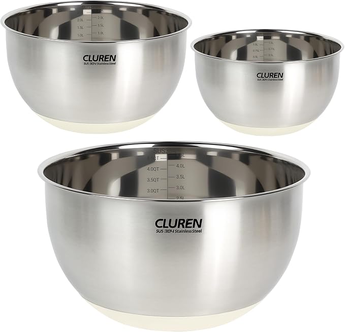 304 Stainless Steel Mixing Bowls of 3 (No lids) | Heavy-Gauge Metal Bowls with White Non-Slip Silicone Base – Nesting, Dishwasher Safe for Salad, Meal Prep