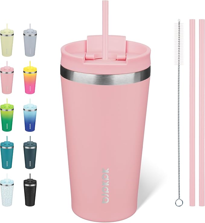 BJPKPK 18 oz Coffee Tumbler with Straw, Insulated Stainless Steel Cup | Double Wall Vacuum, Leak Proof, Keeps Hot/Cold, BPA Free, Dishwasher Safe, Cupholder Friendly, Travel, Light Pink