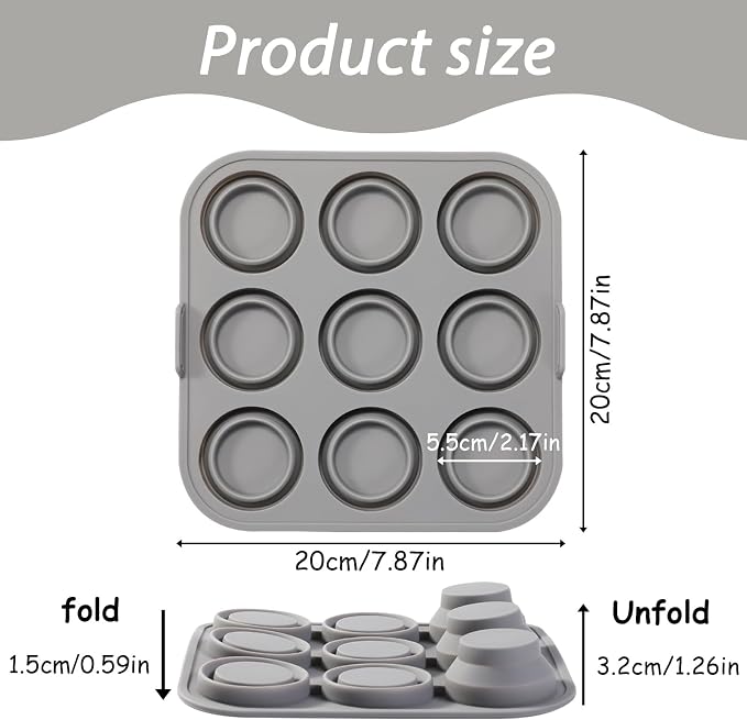 Silicone Muffin Pan Set of 2, 9-Cup Collapsible Cupcake Tray | Easy Pop-Out Release, Foldable & Space-Saving, 7.87 x 7.87 in, Non-Stick Cups, Oven & Air Fryer Safe