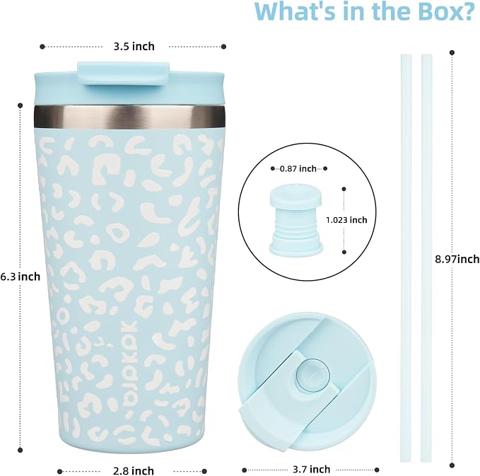 BJPKPK 18 oz Coffee Tumbler with Straw, Insulated Stainless Steel Cup | Double Wall Vacuum, Leak Proof, Keeps Hot/Cold, BPA Free, Cupholder Friendly, Travel, Light Blue Leopard