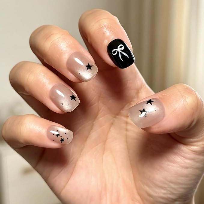 6 Packs (144 Pcs) | Reusable Press on Nails | cute nails | 6-Style Bundle | 12 Sizes | Each Style 24 Pcs | 3D Silver Butterfly Charms