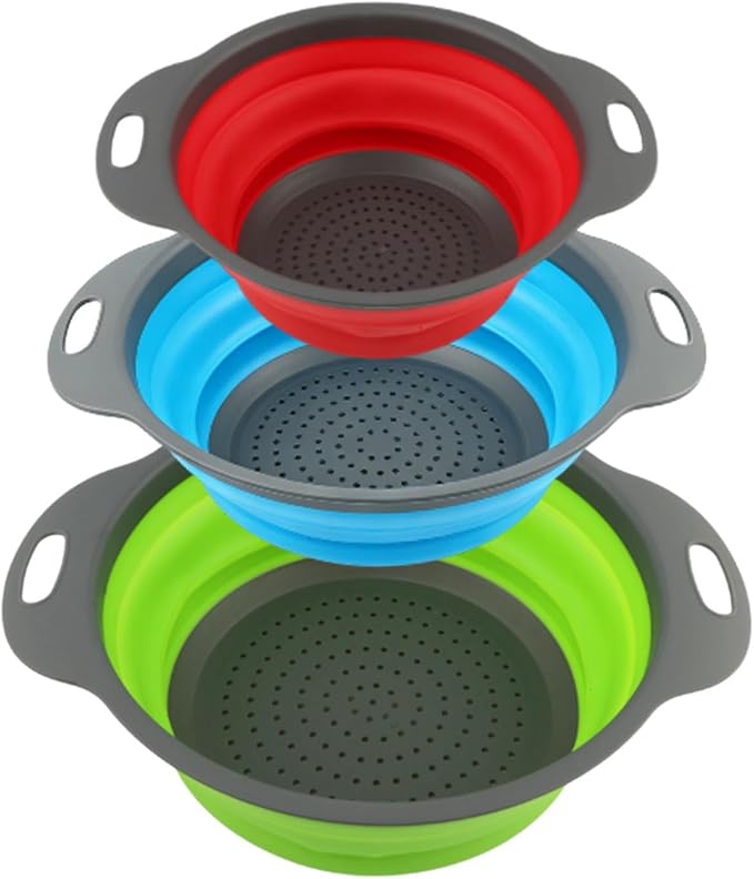 Collapsible Colander Set, 3 Pack Silicone Kitchen Strainer Set, Space Saving Design, Small Round Colander Baskets for Draining Pasta, Vegetable and fruit, (3Qt+4Qt+5Qt)
