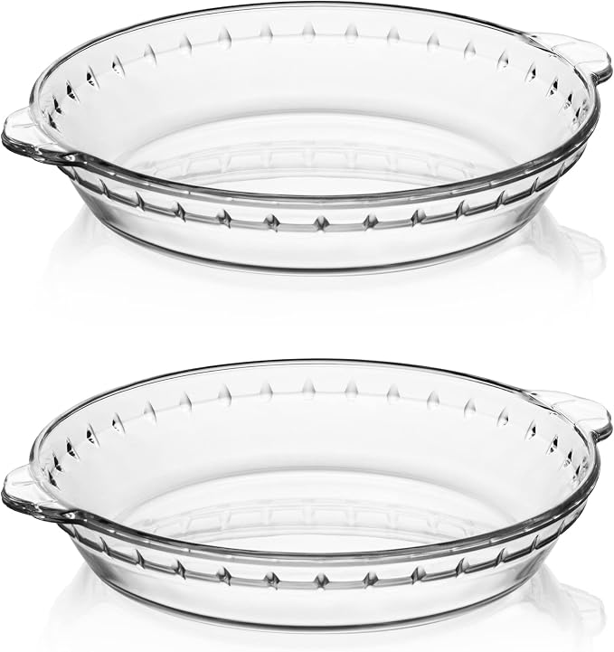 Sweejar Glass Pie Pan for Baking(2 pack), 9.5 Inches Round Baking Dish for Dinner, Non-Stick Pie Plate with Soft Wave Edge for Apple Pie, Pumpkin Pie, Pot Pies