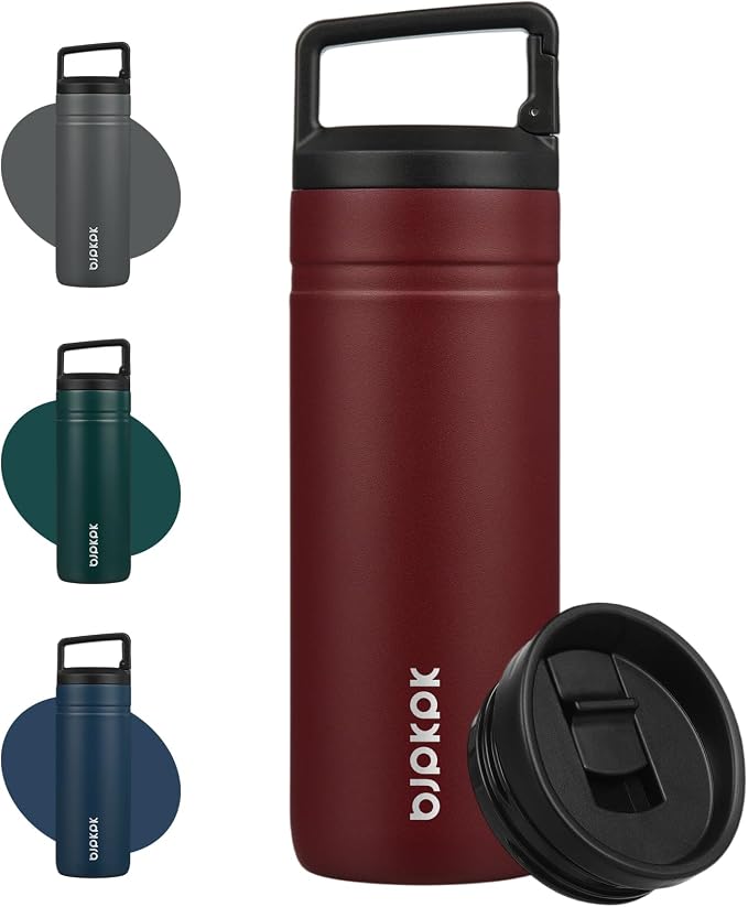 BJPKPK 20 oz Insulated Travel Water Bottle, Coffee Tumbler Stainless Steel | Double Wall Vacuum, Leakproof, Thermal, Keeps Hot/Cold, Dishwasher Safe, Spill Proof, Wide Mouth, 2 Lids, Cinnabar Red