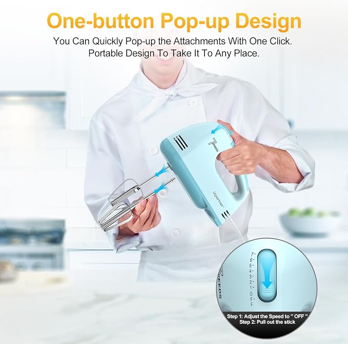 LILPARTNER Electric Hand Mixer with Storage Box, Ultra Power Kitchen Hand Mixer With 7-Speed & 5 Stainless Steel Accessories for Whipping Dough, Cream, Cake, Dishwasher Safe, BLUE BOX