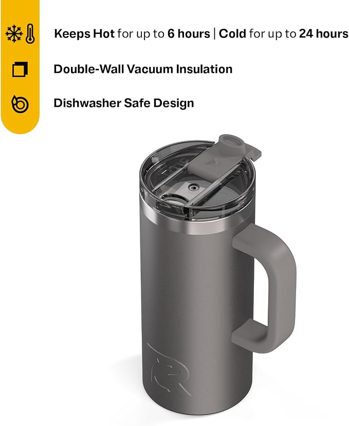 RTIC 16oz Road Trip Travel Mug with Lid and Handle, Ceramic Lined, Graphite | Stainless Steel Metal, Insulated Travel Cup for Hot and Cold Drinks, Coffee, Car, Camping and Travel