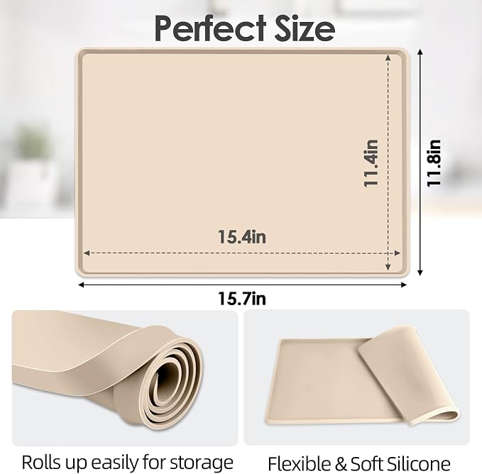 Silicone Coffee Maker Mat with Lip for Countertops, 15.7'' x 11.8'', Khaki | Multi leak-proof coffee tray for countertop, non-slip silicone mat fits most coffee makers & espresso machines, wipe-clean