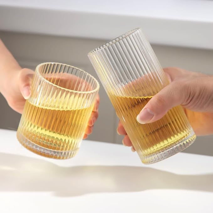 Ribbed Drinking Glasses 4pcs, 12oz and 10oz Glassware, Tumbler Glasses Cup Set for Wedding, Party, Christmas Gift, Clear