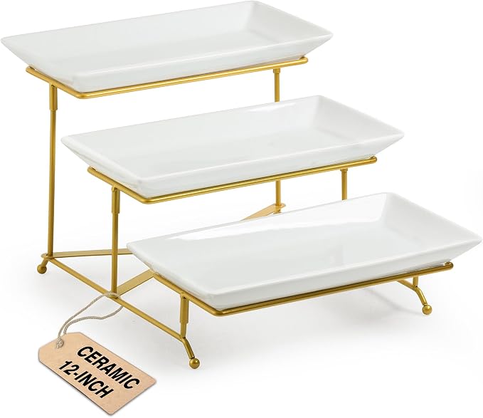 LAUCHUH 3 Tier Serving Tray, Porcelain Serving Platter Tier Serving Stand | Serving Trays and Platters with Collapsible Sturdier Rack Dessert Party Display Set for Baby Shower, Christmas, Gold, 12 Inch