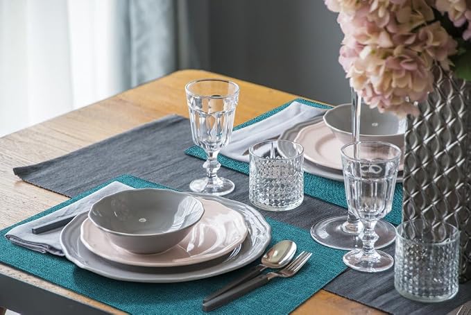 Faux Cotton Linen Placemats Set of 8, Cloth Washable Farmhouse Dining Table Mats for Indoors & Outdoors, Easy to Clean, Teal, 13 x 19 Inch