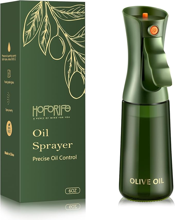 Glass Olive Oil Sprayer for Cooking 7.6 oz (Olive Green Bottle) | Oil Mister, Kitchen Refillable Continuous Oil Spray Bottle for Air Fryer, Portion Control, Leak Proof