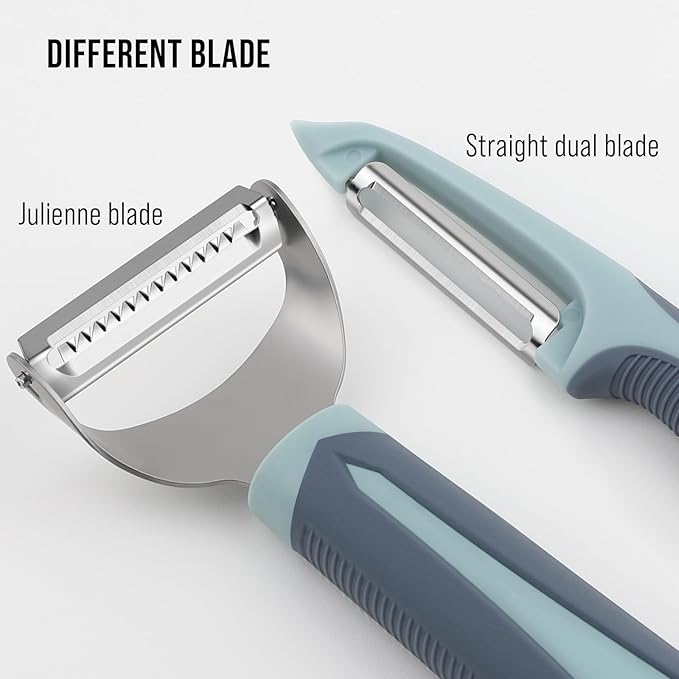 Julienne Peeler Vegetable Peeler with 4.8'' Long Silicone Handle | Non-slip grip & sharp blade; Y carrot shredder -strips for salads & meal prep; Potato peeler -ordinary peeling; 2 Pack; Blue