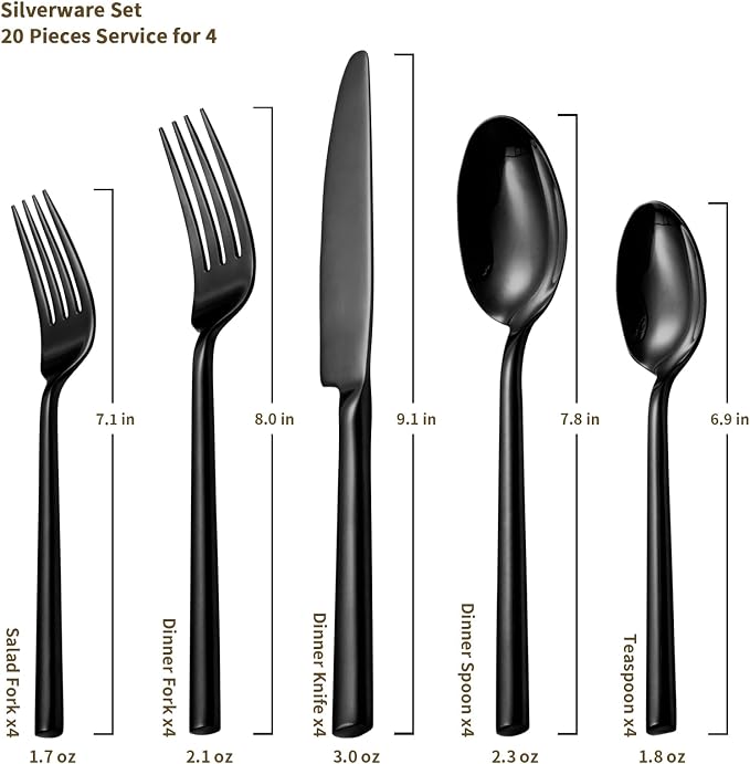 Alata Potter Black 20-Piece Forged Silverware Set, Service for 4, Stainless Steel Flatware Set, Modern Design with Mirror Finish, Ideal for Home, Kitchen, Party, Camping
