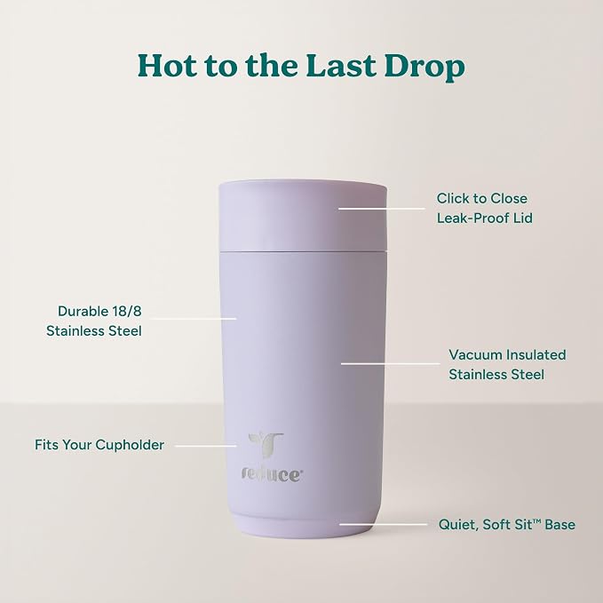 REDUCE Perk 10oz Insulated Coffee Tumbler – Leak-Proof with Lockable Lid and Vacuum Insulation–Durable Stainless Steel–Fits Car Cup Holders–One-Handed Travel Mug in Sand Leopard Print-Gentle Lavender