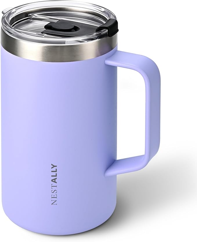 NESTALLY Cozy 20oz Insulated Coffee Mug with Handle & Lid, Lavender | Stainless Steel Double Wall Vacuum Travel Mug for Hot & Cold Drinks, Reusable Coffee Tumbler, Non-Slip Base, BPA-Free