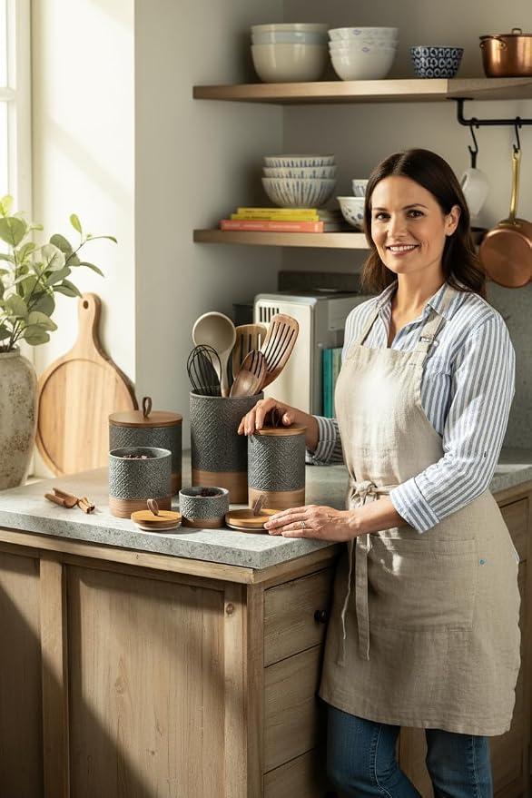 Miamolo Large Jar with Lid, Ceramic Coffee Container Pantry Gray & 64 fl.oz | Reusable Coffee Canister for Kitchen Countertop | Fits Grounds Flour Cookies Spice | Clutter-Free, Housewarming Weeding Gift