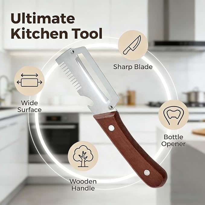 Premium Vegetable Peeler with Wooden Handle and Bottle Opener,Multi-Functional Vegetable Peeler for Kitchen, 2-In-1 Stainless Steel Kitchen Tool, for Fruit Veggie, Includes Bottle Opener (2PCS 3-In-1)