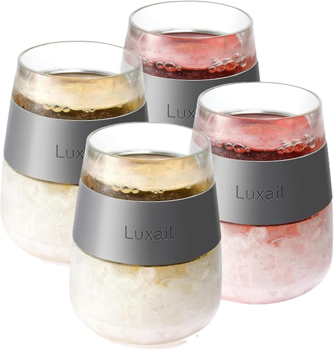 luxail Wine Glasses, Plastic Wine Glasses Set of 4, Wine Gifts, Double Wall Insulated Freezer Tumbler, Stemless Freezer cups for Red and white Wine, 8.5 Oz, Grey