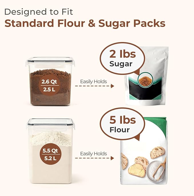 ComSaf Airtight Flour and Sugar Container 2.6Qt & 5.5Qt 3Pack, Wide Mouth | Plastic Food Storage Canister with Lid, Flour Sugar Cereal Rice Oats, Pantry Kitchen, Stackable Baking Supplies, Label, Scoop