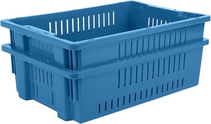 Hudson Exchange 20 x 13 x 5.6" (4 Pack, 4.5 Gallon) Agricultural Nest and Stack Vented Crate Handled Storage Container Tote, Blue