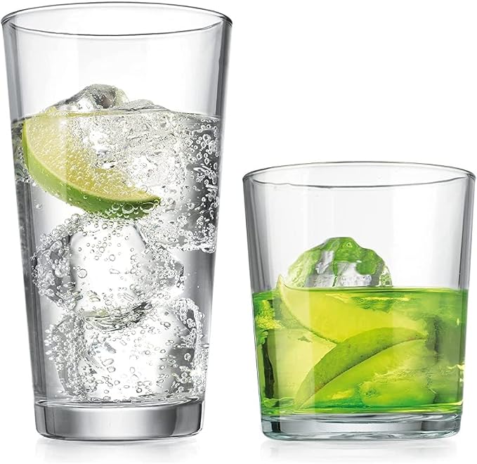 Glaver's Drinking Glasses Set of 12. Glassware set, 6 Highball Glass Cups, 6 Whiskey glasses. Classic Drinkware Set 17 oz Tall Glasses Set and 13 oz Rock Glasses.