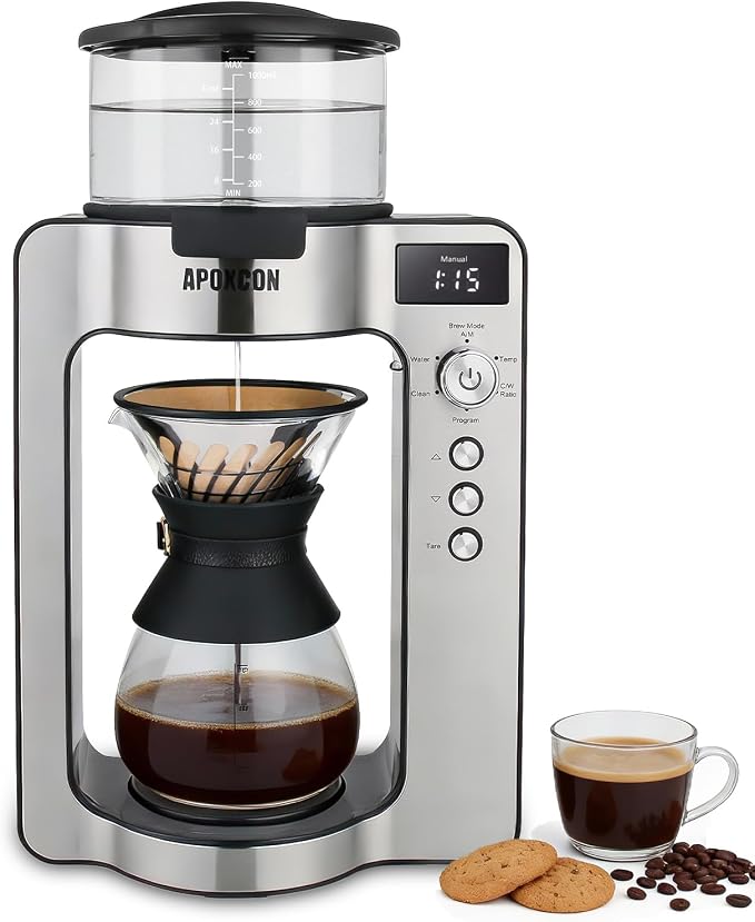 APOXCON Automatic Drip Coffee Maker for Coffee Enthusiasts -Pour Over Coffee Brewer with Programmable Timer, Hand Drip Simulation, Adjustable Strength, Built-in Scale, Glass Water Tank & Carafe