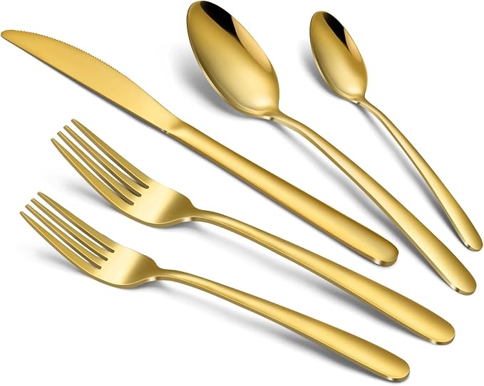Hunnycook 20-Piece Gold Silverware Set - Stainless Steel Silverware Set for 4, Includes Forks Spoons and Knives, Utensil Sets for Home Kitchen Restaurant, Dishwasher Safe