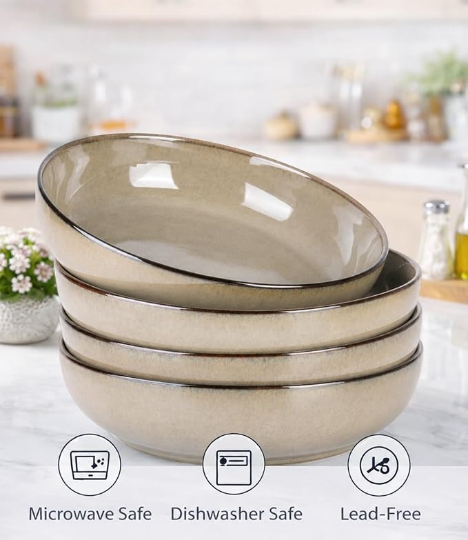 GBhome 8.75'' Large Ceramic Pasta Bowls, 38oz Stoneware Pasta Serving Bowls Set of 4 for Kitchen, Wide Bowls for Fruit,Pasta,Salad,Oatmeal,Meal, Microwave Safe, Reactive Glaze