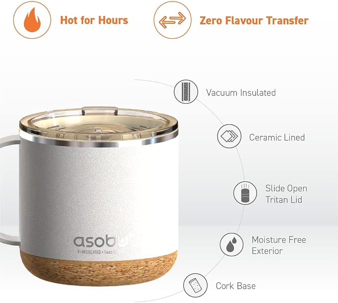 asobu Ultimate Ceramic Travel Mug, 16oz Insulated Stainless Steel Coffee Cup with Handle & Splash-Resistant Lid, Ceramic Lined for Pure Taste, BPA-Free, Double-Wall Vacuum with Built-In Coaster