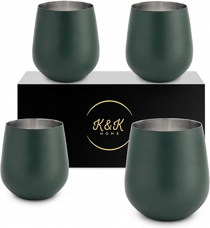 K&K Home Stainless Steel Unbreakable Stemless Wine Glasses - 15 oz - Set of 4 Colored, Stemless Metal Wine Glasses Perfect for Outdoors, Weddings, and Parties (Green)