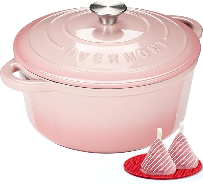 Overmont Enameled Cast Iron Dutch Oven - 4.5QT Pot with Lid Cookbook & Cotton Potholders - Heavy-Duty Cookware for Braising, Stews, Roasting, Sourdough Baking pink