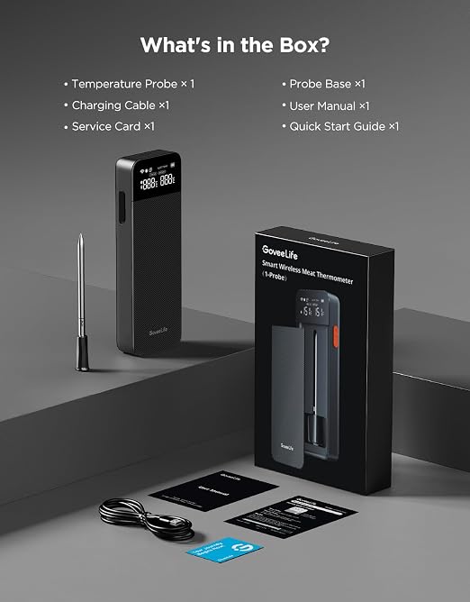 GoveeLife Smart Bluetooth Wireless Meat Thermometer Digital with App Alerts | WiFi Unlimited Range, IP68 Waterproof, Charge Magnetic Base, Timer Mode, Kitchen Thermometer Suitable for BBQ, Grill, Smoker