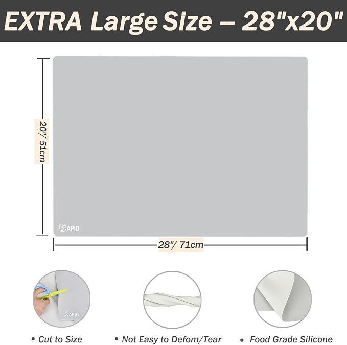 1.5MM Extra Thick Placemats Large Silicone Mat Heat Resistant Table Mat | 28" x 20" Kitchen Countertop Protector, Washable Place Mats Silicone Mats for Kitchen Counter Mat Table Mat, Grey, Sapid