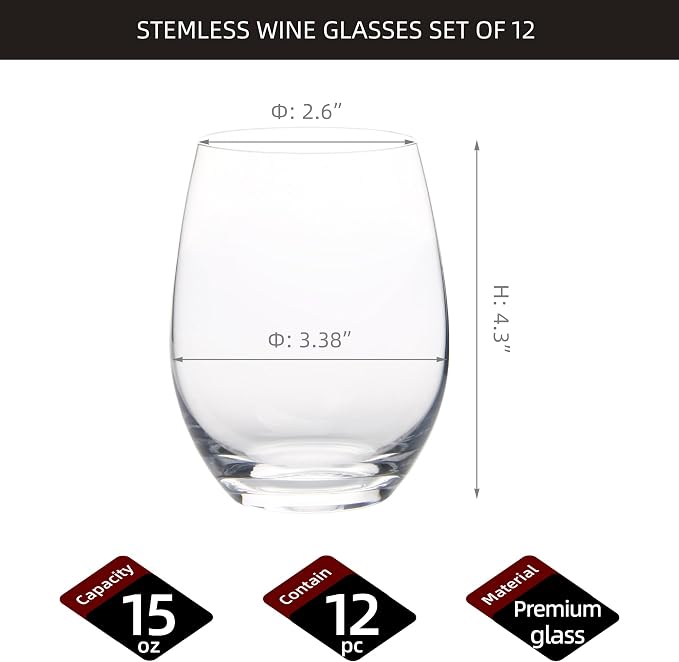 FAWLES Stemless Wine Glasses Set of 12, 15 Ounce Smooth Rim Standard Wine Glass Tumbler for Red, White Wine, Dishwasher Safe