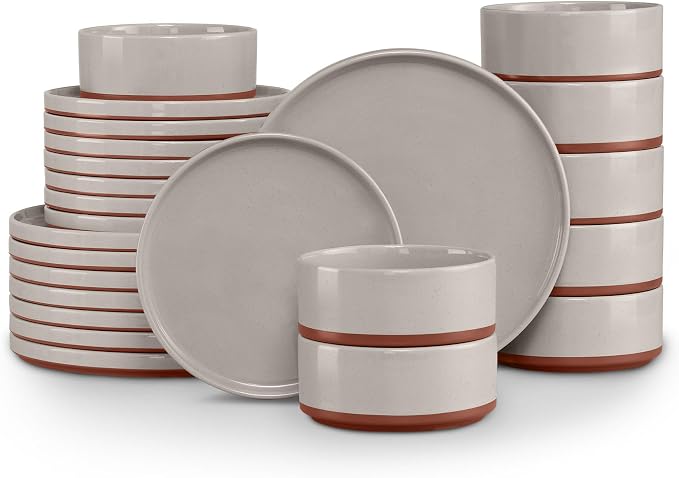 LIANYU Plates and Bowls Sets, 24 Pieces Stoneware Dinnerware Set for 8 | Modern Kitchen Dinner Set Ceramic Dishware Dishes Set, Microwave and Dishwasher Safe, Terra Brown
