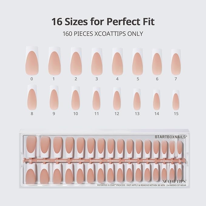 BTArtboxnails XCOATTIPS White French Tip Press On Nails, XL Square, Peach | Lamp-Curable, 4-Week Wear, Natural Nail Look, Salon Quality Value at Home, Easy-to-Apply for Beginners, 160ct Nail Tips Only