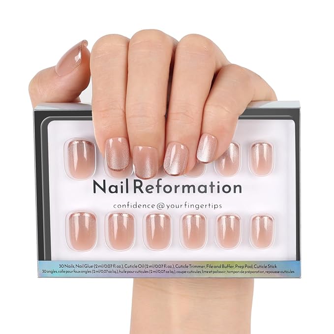Nail Reformation Press On Nails, Shimmer Bright | Short Square Fake Nails | Brown French Tip on Neutral Base in Velvet Finish, Reusable Stick On Nails in 15 Sizes - 30 False Nail Kit for Women Gifts