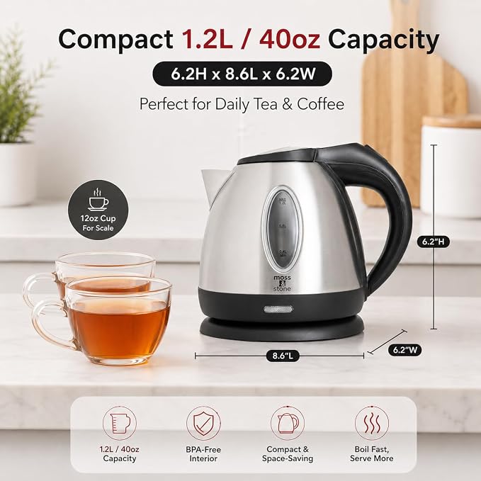 Moss & Stone Stainless Steel Electric Kettle, 1.2L Cordless 1500W | Small, portable hot water tea kettle, fast boiling pot, boil-dry protection, auto shut-off, blue Illuminate LED light