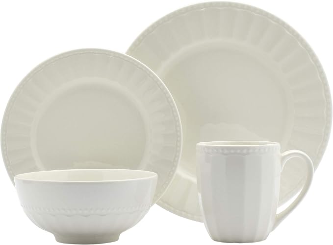 Tabletops Gallery Embossed Bone White Porcelain Round Dinnerware Collection- Chip Resistant Scratch Resistant, Mosaico 16 Piece Dinnerware Set (Dinner Plate, Salad Plate, Cereal Bowl, Mug)