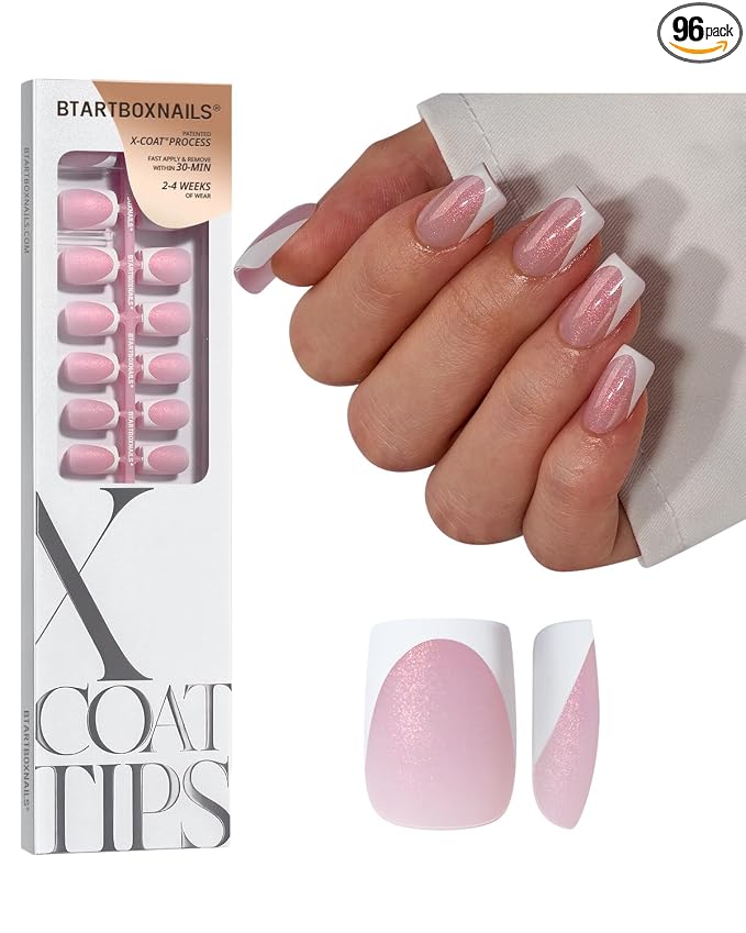 BTArtboxnails XCOATTIPS White French Tip Press On, S Square, Pink Glitter | Lamp-Curable 4-Week Wear, Salon Quality Value at Home, Natural Nail Look, Easy-to-Apply for Beginners, 96ct Nail Tips Only