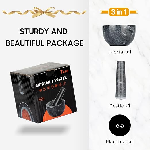 Tera Mortar and Pestle Set Natural Marble Grinder Spice Herb Grinder Pill Crusher Black 3.9in