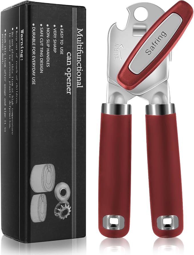 Safring Can Opener Manual, Heavy Duty Handheld Strong Can Opener with Soft Touch Handle, Sharp Blade Smooth Edge, Can Openers with Multifunctional Bottle Opener, Red