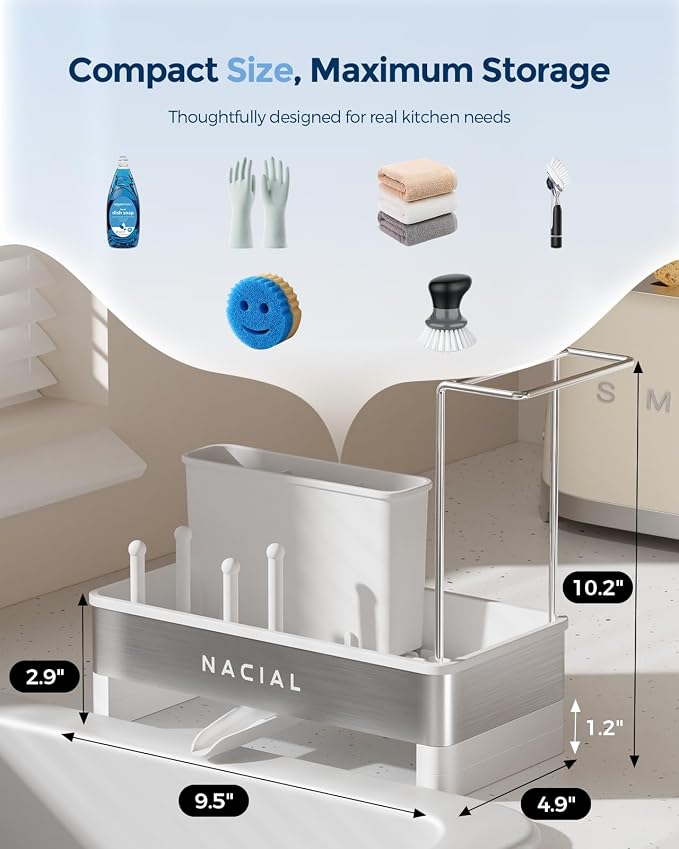 Nacial Sponge Holder for Kitchen Sink, Sink Caddy Organizer with High Brush Holder & Two Towel Racks - Rustproof 304 Stainless Steel Kitchen Countertop Storage Essentials - White
