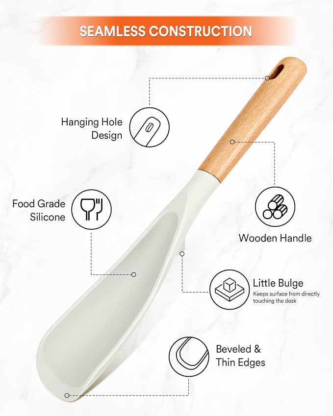 Cooking Spoon and Rice Scooper for Nonstick Cookware,Multi-function | Great for Cooking and Serving, Sturdy BPA-Free Matte Silicone, Wood Handle Spoon for Mixing, Scoop, and Scrape,9.3"+14.3"
