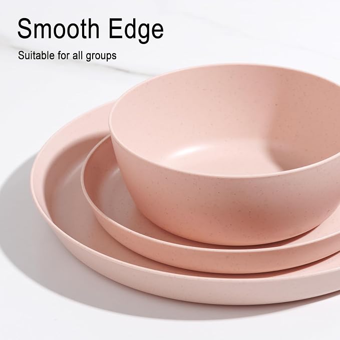 EjonirInjonir 12pcs Pink Wheat Straw Dinnerware Set for Family/Dorm | Eco-Friendly,Reusable Pink Dishes & Wheat Straw Plates.Deep Plates and Bowls Sets for Family Picnic, RV, and Camping.